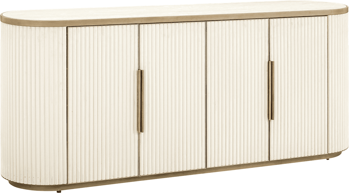 Camille Luxury Cream & Gold Ribbed Oval 4 Door Sideboard with Ceramic Marble Top
