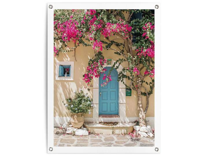 Poster REINDERS Mediterranean Door , rosa (farbe bild(er): rosa), B:60cm H:80cm T:0,1cm, Bilder, Poster, Garten - Griechenland - Blumen - Haustür - Rosa - Leinwand - Städte