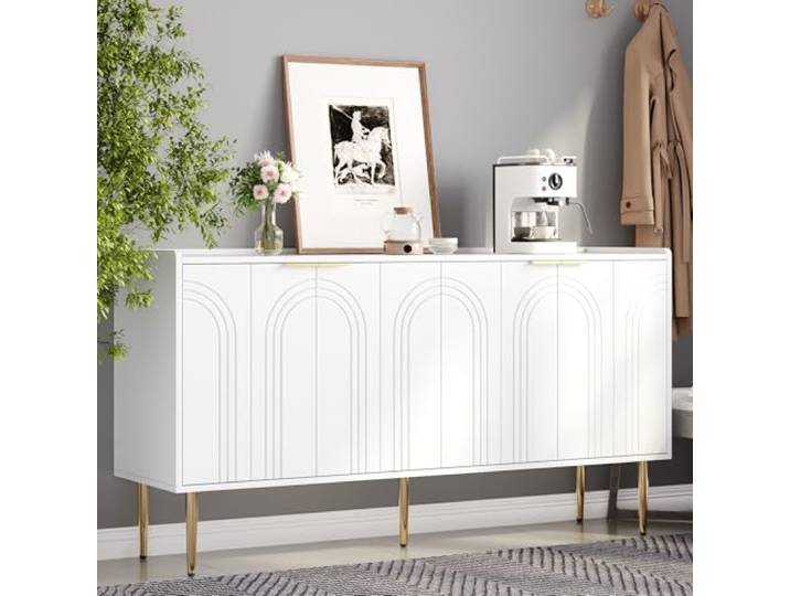 FammyLoft Sideboard Wohnzimmer mit 4 Türen, Buffetschrank mit Großem Stauraum und Verstellbarer Trennwandschrank, 140x38x75cm, Modern Wohnzimmerschrank für Schlafzimmer, Flur, Buffet Wohnzimmer, Weiß