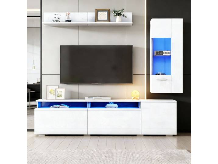 Ensemble Meuble TV Brillante 3 Pièces Meuble Tele 180x40x45cm Vitrine+Étagère Suspendue avec Éclairage LED 8 Espaces Rangement Blanc
