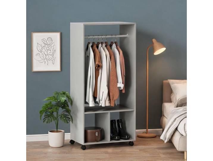 Armoire penderie grise 60x40x128 cm 2 niches étagère 4 roulettes pivotantes panneaux E1