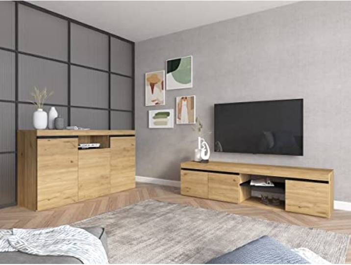 Skraut Home - Set Naturale Wohnzimmer Esszimmer, Beistellmöbel, Buffet-TV-Schrank 160cm Eiche schwarz nordische