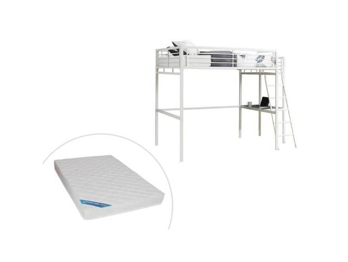 Lit mezzanine CASUAL II - 140 x 190 cm - plateforme bureau - Blanc + matelas