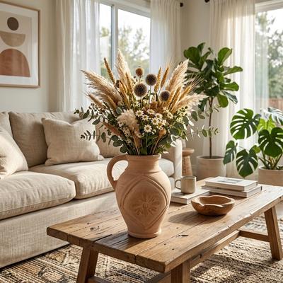 Sagebrook Home Rustic Engraved Flower Terracotta Vase for Home Tabletop Decor