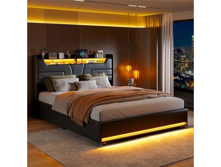 Lit 140x190cm - Lit coffre 140x190cm - Tête de lit avec LED prises USB et sommier relevable - PU noir