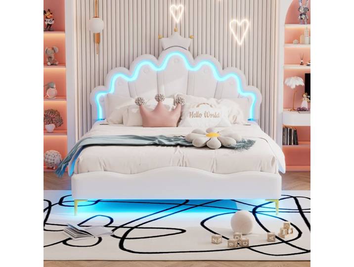 Lit princesse 140x200 cm blanc PU avec LED couronne décorative coffre hydraulique et sommier lattes lit double élégant