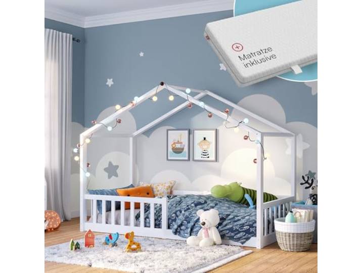 Bellabino Bia Bodenbett 80x160 cm, Weiß, mit Matratze, Kiefer Massivholz Montessori Hausbett mit Rausfallschutz, mit Lattenrost, Kinderbett für Jungen & Mädchen, Bettgestell, Kinderzimmermöbel