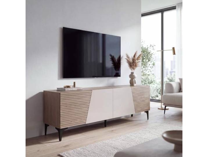 Mendler TV-Rack HWC-Q83, 3D-Struktur Türen Staufächer 55x160x42cm - Nussbaum-Optik hell