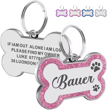 Inspire Picks SparkTag Custom Glitter Pet ID Tag Double Sided Personalized Dog & Cat Name Pendant pink l 47x30mm