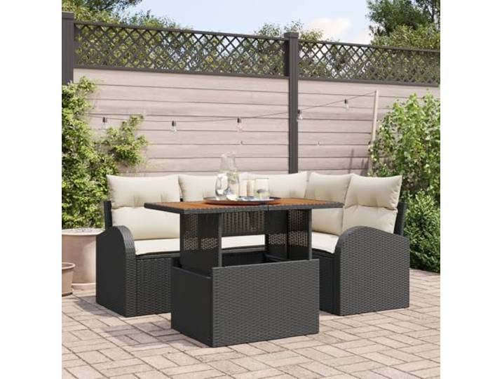 HEFZGDB 5-teiliges Garten Esszimmer Set mit Kissen Schwarz Poly Rattan Akazie, Modernes Outdoor Möbel für Terrasse Balkon, Wetterfestes Polyester, Bequeme Polsterung, Stauraum,