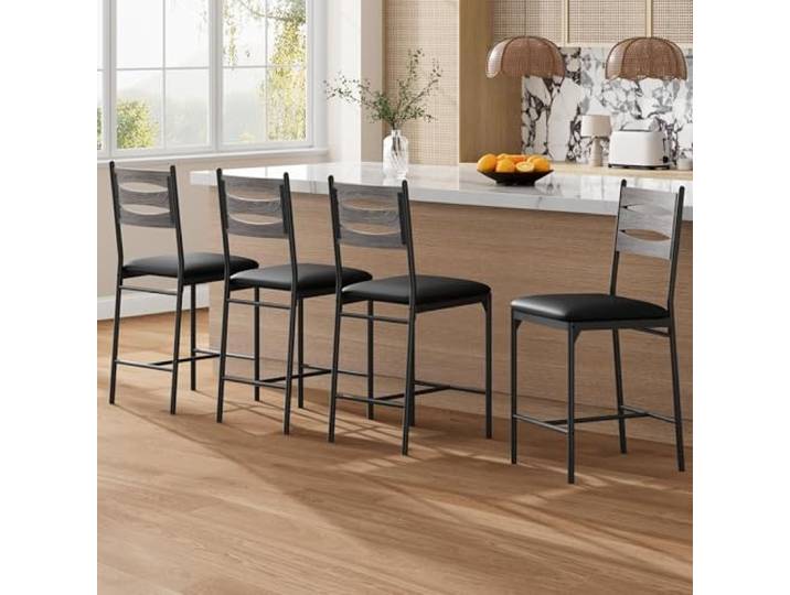 Garvee Komfortabler Barhocker 4er-Set – Gepolsterte Tresenhocker mit Holzlehne & Metallbeinen, Kunstleder, mit Fußstütze, ergonomisch, modern für Kücheninsel & Esszimmer – Grau, 4er-Pack