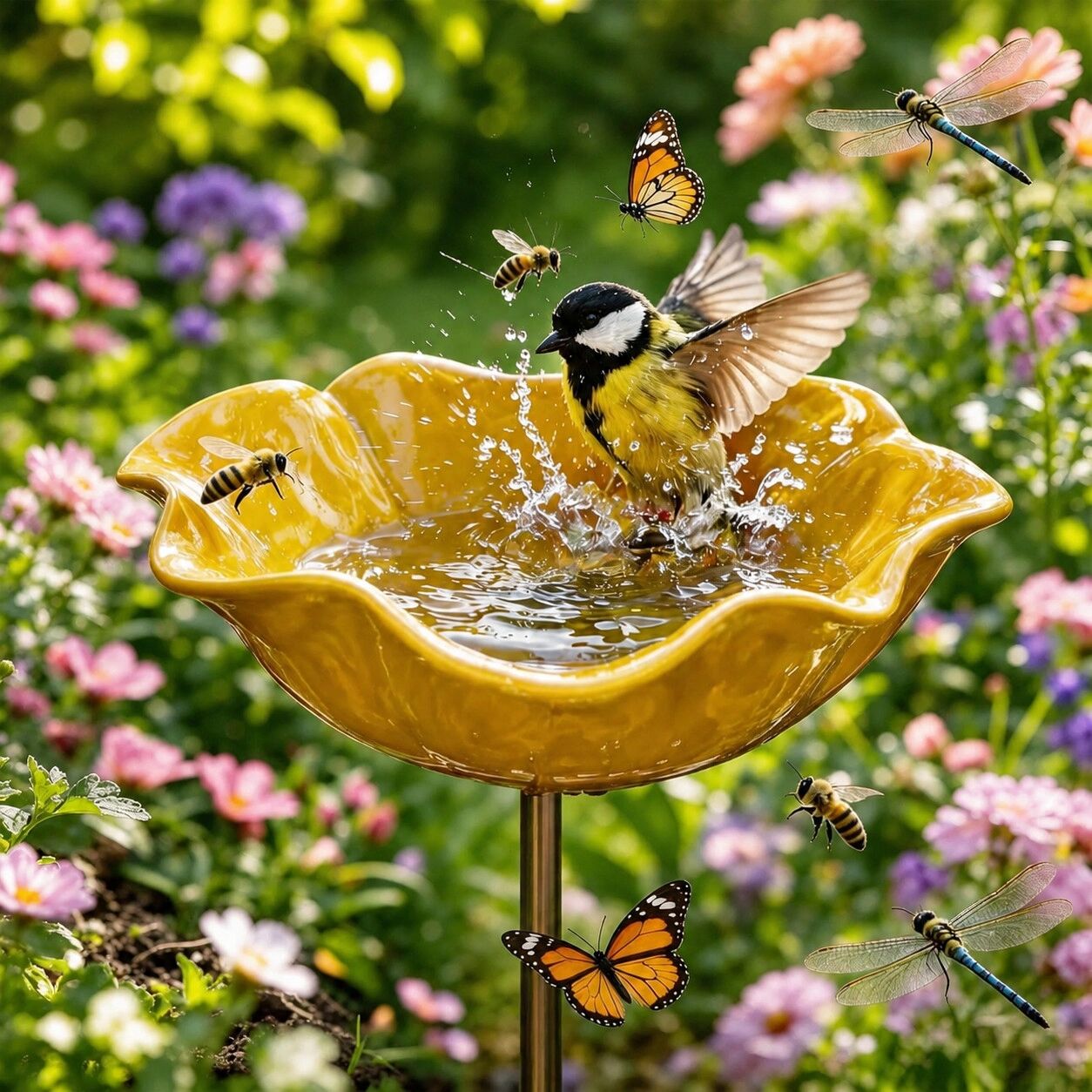 INF Tuteur de jardin en fleur métallique fait main avec mangeoire pour oiseaux - Bain et mangeoire en forme de fleur en fer