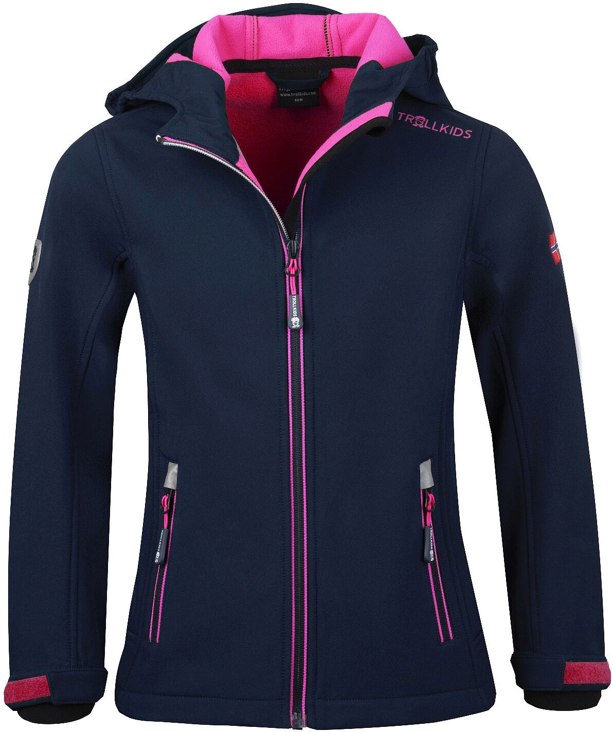 Softshelljacke TROLLKIDS "Girls Trollfjord Jacket", Kinder, Gr. 110, navy, magenta, Softshell, Obermaterial: 94% Polyester, 6% Elasthan, normal, Jacken Softshelljacke, sportliche Softshelljacke, aus Kunstfaser, mit Reissverschluss navy, magenta 110