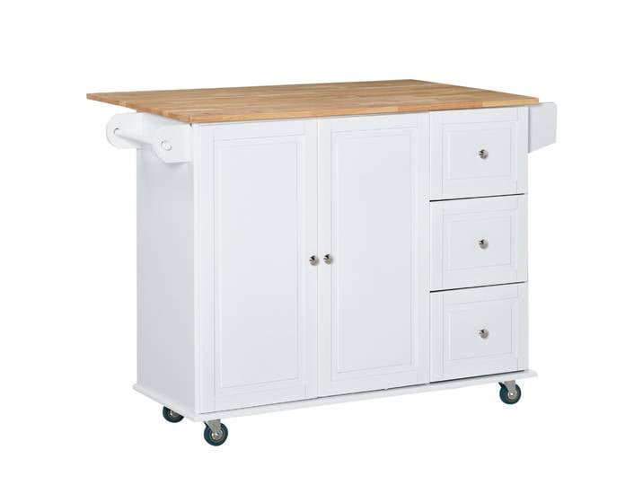 HOMCOM HOMCOM Isla de Cocina con Ruedas Carrito de Servicio con Encimera Cajones Extensibles Barra y Especiero 128,8x75,5x92,5 cm Blanco