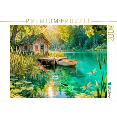 CALVENDO Puzzle Cottage Fischerhütte am Weiher mit springenden Forellen | 2000 Teile Lege-Größe 90x67cm Foto-Puzzle für glückliche Stunden