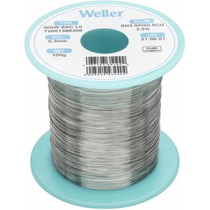 Weller Lötzinn T0051388399, Flussmittel, bleifrei, Ø 0,3mm, 96,5% Zinn, 3% Silber, 0,5% Kupfer, 100g
