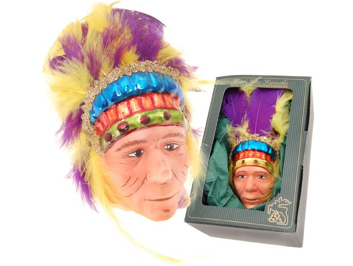 Christbaumschmuck KREBS GLAS LAUSCHA Indigener Kopf , bunt (mehrfarbig), B:8cm H:10cm T:8cm Ø:10cm, Glas, Weihnachtsbaumschmuck, Christbaumschmuck, Glas, 1 Stück