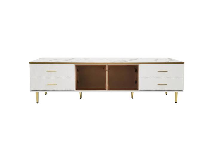 Modenvie Lowboard 170/37/47,5 cm aus Spanplatte mit LED-Beleuchtung und braunen Glastüren Weiß, 170x47.5x37 cm, Wohnzimmer, TV Möbel, Lowboards, Lowboards stehend