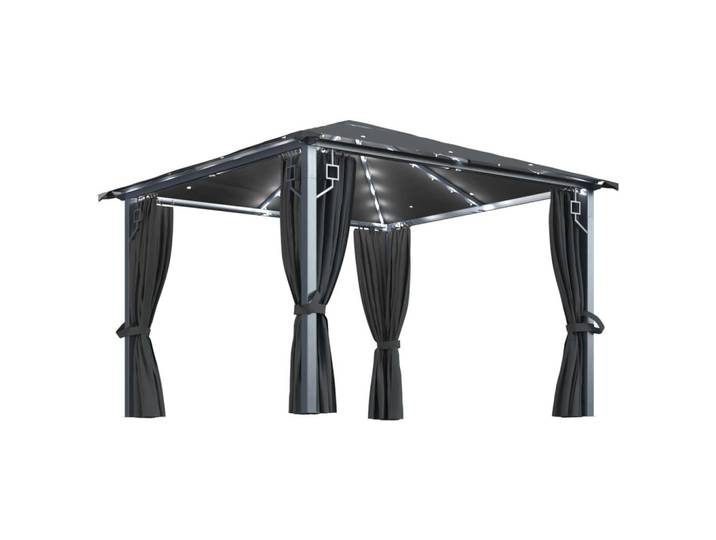 vidaXL Gartenpavillon mit Vorhängen und LED-Lichterkette, 3/3/2,7 m, aus Aluminium, Anthrazit, Grau, Metall, 300x270x300 cm, Sonnenschutz, Pavillons