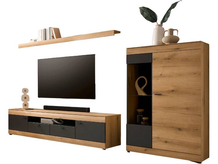 Wohnwand HOME AFFAIRE Soleto, zeitlose Anbauwand, Komplettset im modernen Stil , braun (eiche evoke), B:300cm H:170cm T:35cm, Kastenmöbel-Sets, Wohnwand, enthält Vitrine, Lowboard und Wandboard