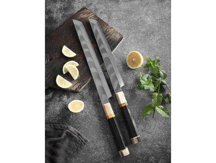 Sakimaru oder Yanagiba Messer 10 Zoll Mit achteckigen Ebenholz- und Büffelhorngriff Lachsmesser und Filetmesser für Sushi und Fisch Damast Edelstahl 33 Lagen sehr scharf 39 cm