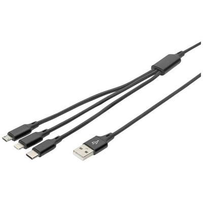 Digitus USB-Ladekabel Apple Lightning Stecker, USB-A Stecker, USB-C® Stecker, USB-Micro-B Stecker 1.00 m Schwarz Extrem robuste Geflechtschirmung,