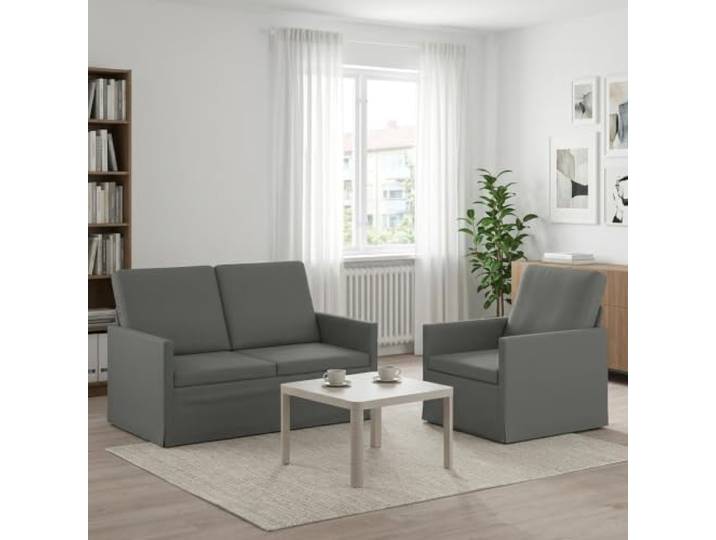 Sofa-Set 2 pcs Dunkelgrau Stoff Metallrahmen,Schaumstofffüllung,Polyesterbezug,Kissen-Rücken-Design,Wohnzimmer,Montageanleitung