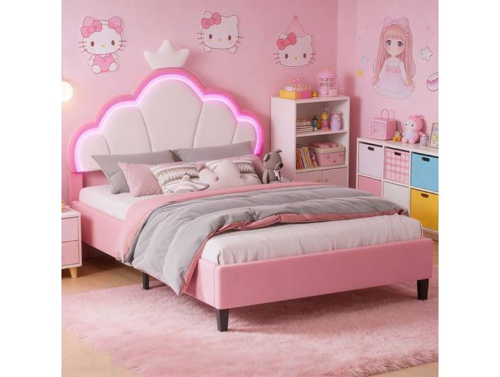 Lit Enfant Fille 140x190cm Lits Princesse LED RGB Tête de Lit Capitonné Cadre de Lit Enfant avec Sommier Lattes Velours Rose