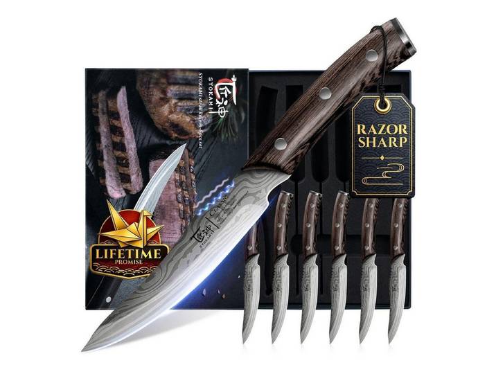 LuxusKollektion Steakmesser Steakmesser-Set 6tlg Damast-Optik Holzgriff