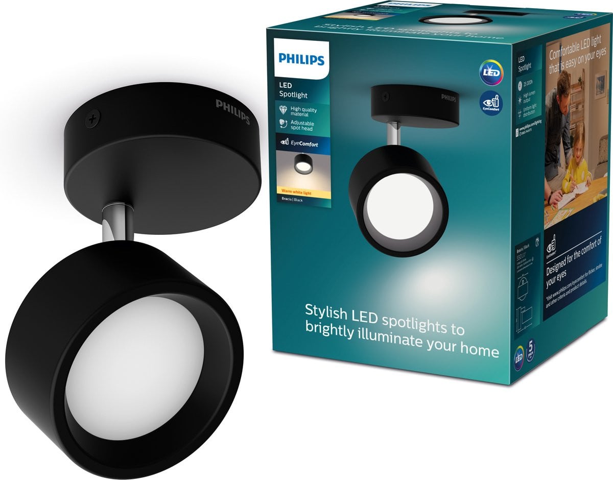 Philips Bracia LED Single Spot Wandlamp Zwart Aluminium