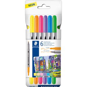 Staedtler Filzstifte 3200 C6F, Design Journey, Neon, Doppelfasermaler 0,5 - 0,8 & 3 mm, auswaschbar, 6 Stück