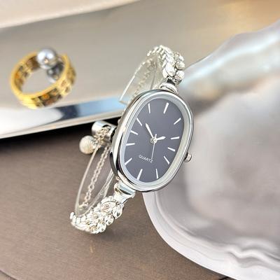 Youfap Market Best selling Elegant Leaf Embedded Diamond Quartz Watch, New Oval Pull Cord Fashion Bracelet silver Black