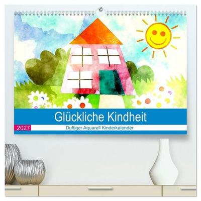 Glückliche Kindheit. Duftiger Aquarell Kinderkalender (hochwertiger Premium Wandkalender 2027 DIN A2 quer), Kunstdruck in Hochglanz