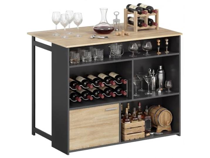 HOMCOM Ausziehbarer Bartisch Klappplatte 116 x 79,6 x 90,5 cm Schwarz Hoher Küchentisch, 1-türiger Schrank & 4 offene Regale, modernes Design, für kleine Räume, Esszimmer, Wohnzimmer.