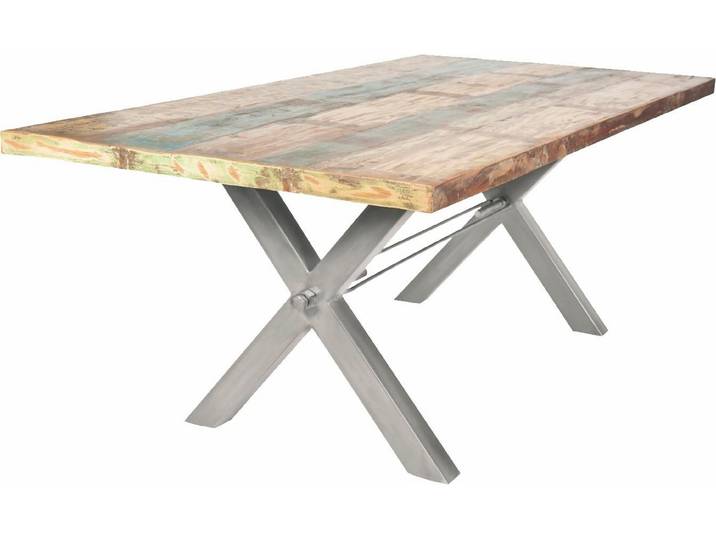 Esstisch SIT Bari Altholz Esstisch mit X-Gestell aus Eisen & Unikat-Charakter , silber (roheisen lackiert), B:220cm H:78cm T:100cm, Tische, Esstisch, Markantes X-Gestell trifft bunt lackiertes Altholz