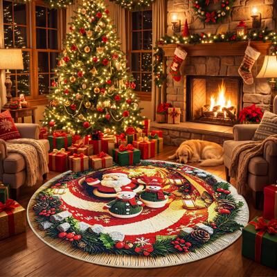 Garvee Christmas Round Santa Claus Snowman Area Rug