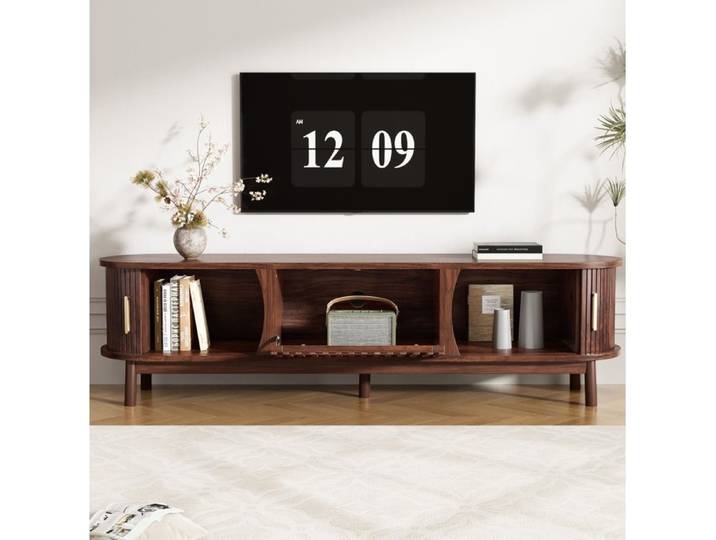 Meuble TV 165x39 5x46 cm EVRYAE - avec portes coulissantes et porte abattante 3 rangements pour TV jusqu a 65 pouces - Marron