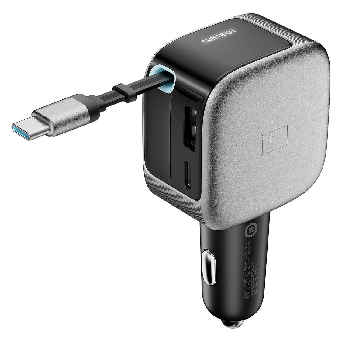 Cuktech CC903P 100W Kfz-Ladegerät mit Display und 70 cm langem, einziehbarem USB-C-Kabel - Grau (CC903P)
