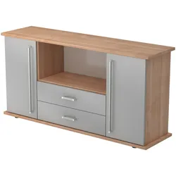 bümö Sideboard Nussbaum/Silber mit Flügeltüren & Regal  - Büromöbel Sideboard mit Schubladen Holz 166cm breit, 45cm schmal, Büro Schrank für Flur