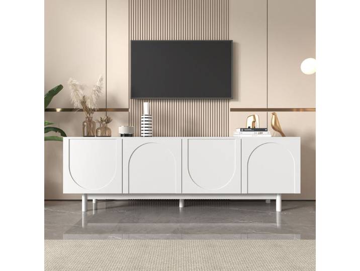 Meuble TV Minimaliste - 175cm - Design Blanc - Portes sans Poignée - Pieds Bois Massif