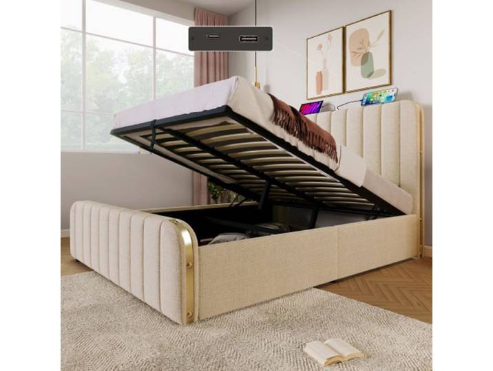 Lit - MUVOE - 140x200 cm - Rembourré - USB Type-C - Beige