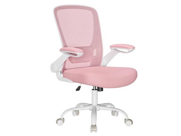 Chaise Bureau Ergonomique en Toile Support Lombaire Rembourré Mécanisme à Bascule Accoudoirs Rabattables Rose Bonbon