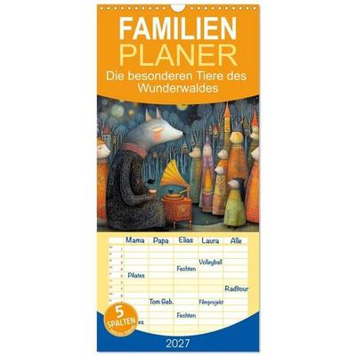 Familienplaner 2027 - Die besonderen Tiere des Wunderwaldes mit 5 Spalten (Wandkalender, 21 x 45 cm) CALVENDO