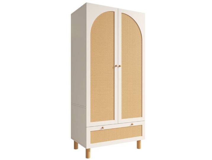 Armoire Chambre 2 Portes en Rotin 85x52x180cm Armoire Penderie avec Tiroir Étagères Réglables en Hauteur Et Tringle À Vêtements