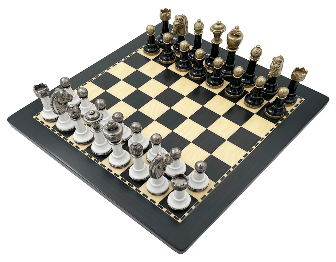Italienische Schachfiguren Metall/Buche + Schachbrett Holz Ebony 40