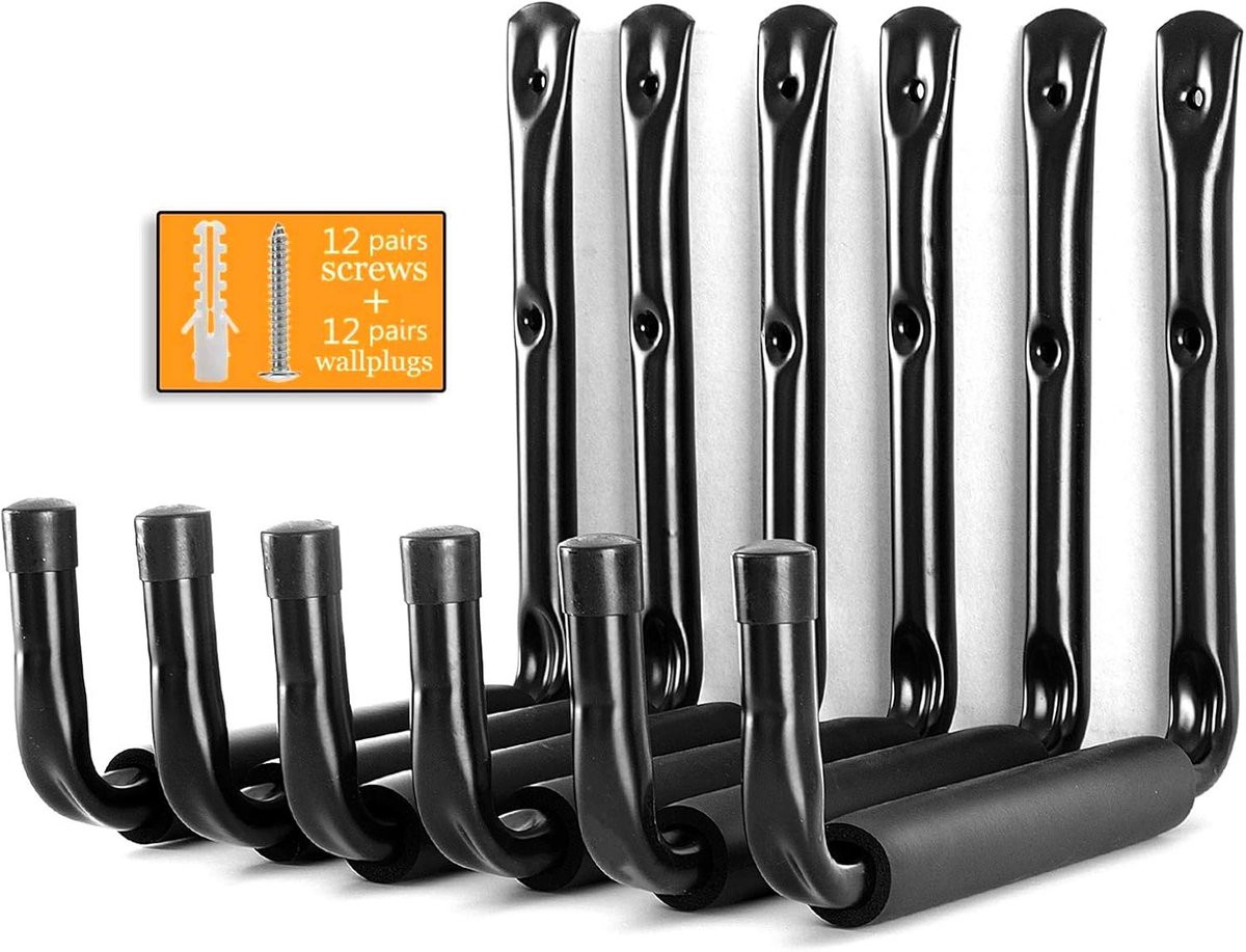 SnelShoppen Set van 6 Zwarte Wandhaken van Staal voor Garage en Opslag, 220 x 200 mm