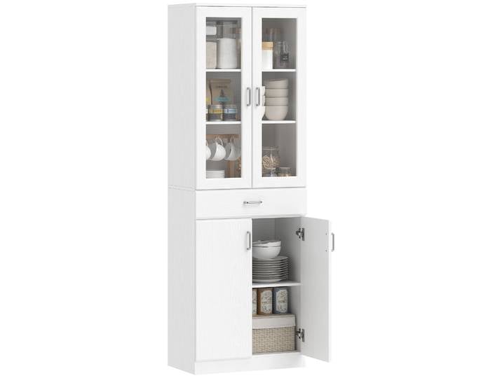 HOMCOM Buffet haut cuisine, armoire de cuisine, vaisselier, 4 portes dont 2 en verre, tiroir, étagères réglables, fermeture amor