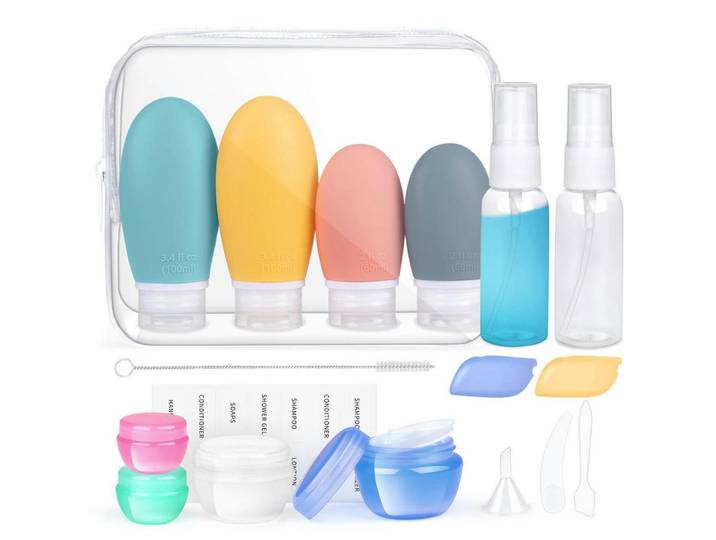Reiseflaschen Set 18-teilig Silikon TSA-zugelassen BPA-frei, Mehrfarbig, Kunststoff, 6x3x10 cm, Badaccessoires, Kosmetikdosen