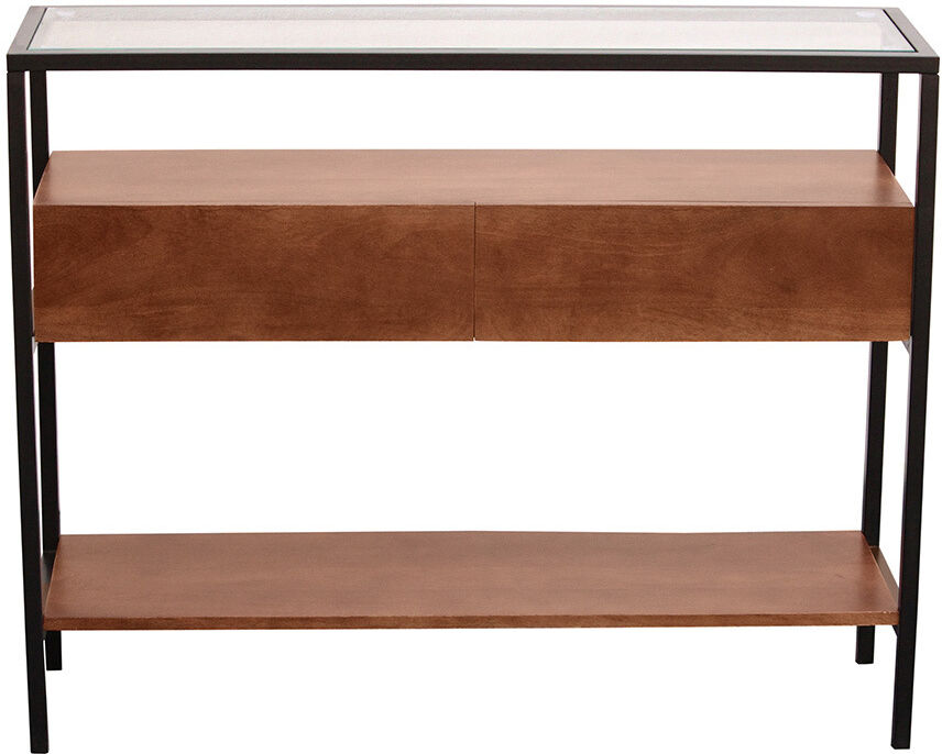 Miliboo Konsole aus dunklem Massiv-Mangoholz und Glasplatte mit 2 Schubladen L100 cm SITA