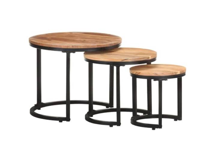 Coespram Beistelltische 3er Set Akazie Massivholz Couchtisch Rund Praktische Satztische aus naturbelassenem Holz und Metall für Flexibilität im Wohnzimmer und Schlafzimmer.
